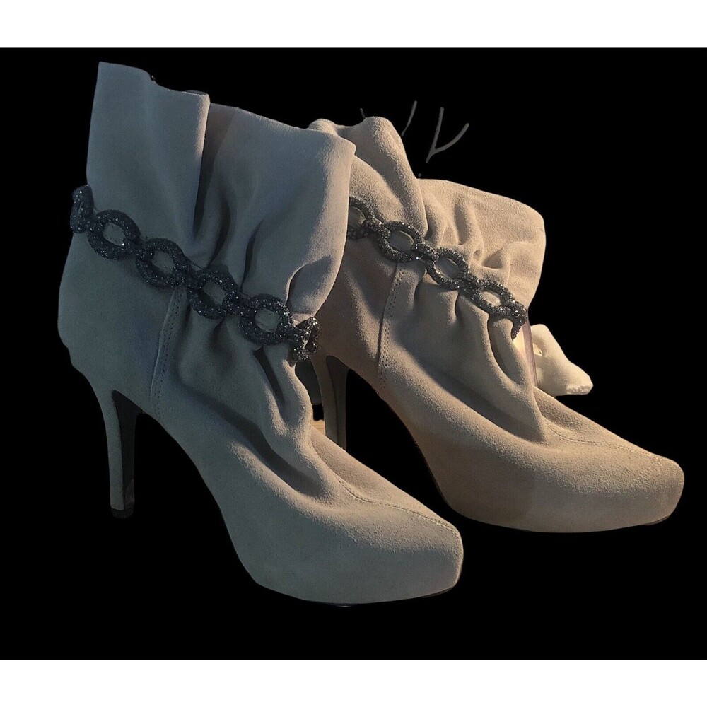 Mojo Moxy Leather(suede) Heel Ankle Booties with Rhinestone Buckle